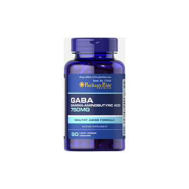 A blue bottle of Puritan's Pride GABA (Gamma Aminobutyric Acid) 750 mg contains 90 capsules, formulated to support stress relief and sleep.